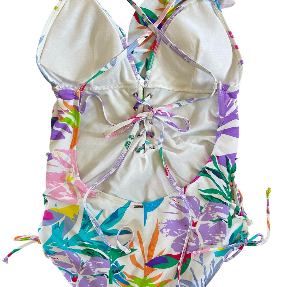 XOXO White and Colorful Tropical‎ Print Tie One Piece Ruffle Swimsuit Women's 1X - Picture 5 of 8